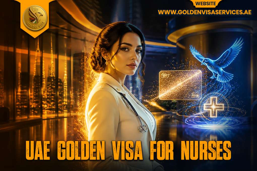 Nurse in a white coat with stethoscope in a futuristic setting; banner reads UAE GOLDEN VISA FOR NURSES.